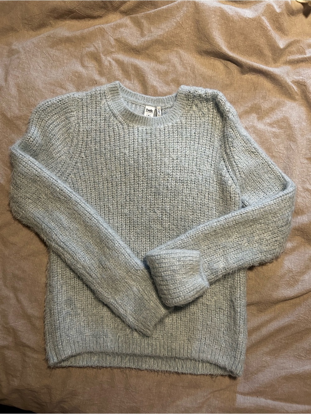 Twik Soft Blue/Grey Sweater | Size S | Fuzzy Knit Cozy Pullover